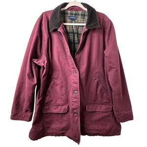 Lands’ End 2X Burgundy Canvas Chore Jacket Plaid Lined Corduroy Collar Barn Coat